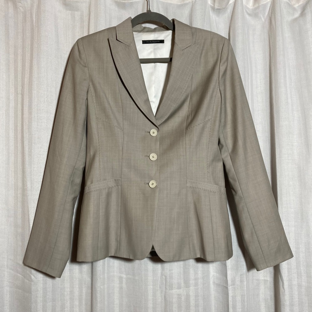 Elie Tahari‎ Womens Virgin Wool Blazer Taupe Tan 3-Button Suit Jacket *Flawed*